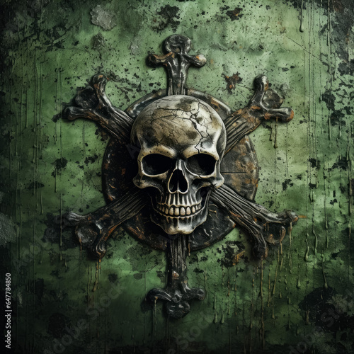 A menacing skull and crossbones emerge from a weathered green backdrop symbolizing danger and adventure 