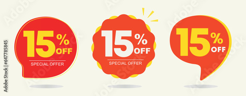 15% off. Tag special offer, sticker. Poster ten percent off price, value. Red and yellow balloon. Advertising for sales, promo, discount, shop. Symbol, icon, vector