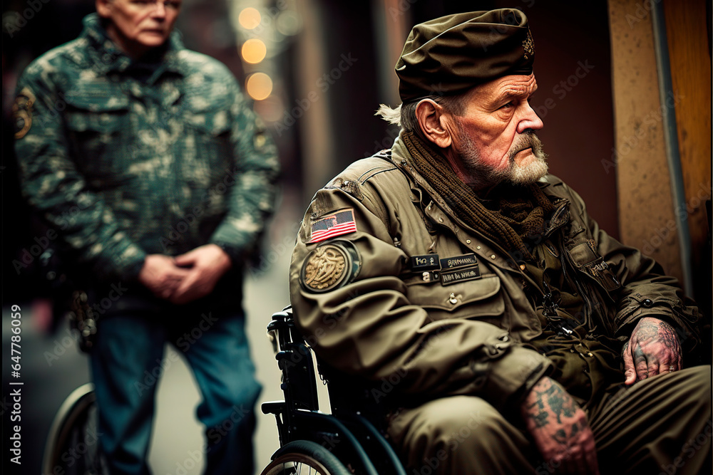 portrait of a man, Elderly war veteran in a wheelchair surrounded by military comrades, image created with ai	
