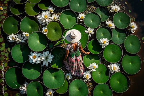 Top view of a woman wearing a hat in a lake surrounded by water lilies, image created with ai 