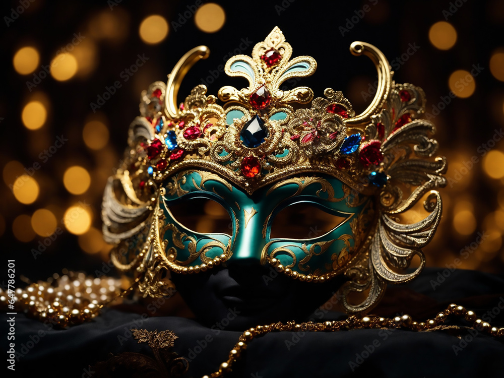 Carnival time. Venetian mask  on black background, copy space