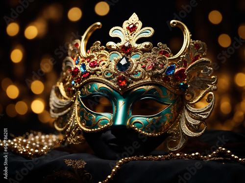 Carnival time. Venetian mask on black background, copy space