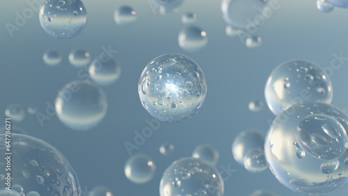 Transparent balls  holographic liquid blobs floating in space  and artistic bubbles. Background cosmetic bubble design Backdrop with bubbles on the  water with an abstract science style. 