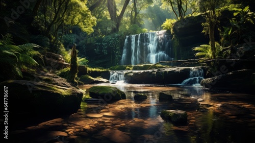 Illustration of a breathtaking waterfall surrounded by a vibrant green forest created with Generative AI technology