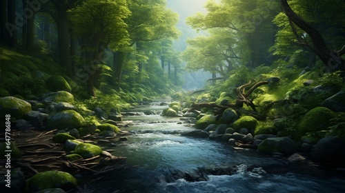 a mountain river meandering through a lush forest.  © Jigxa