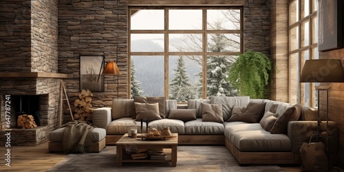 Living room Rustic style, cabin in the mountains, 3d realistic render © Savinus