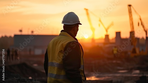 Silhouette of a figure in construction helmet and vest against the backdrop of latticed crane structures at a construction site during sunrise, background