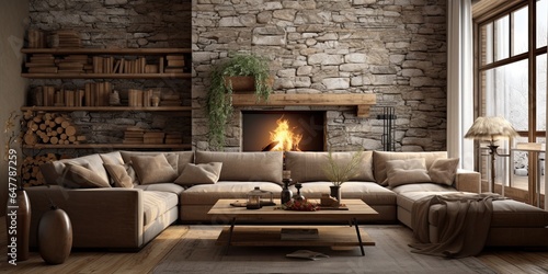 Living room Rustic style, cabin in the mountains, 3d realistic render