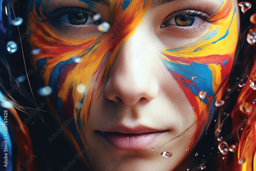 Portrait of beautiful young woman with colorful art make up on her face
