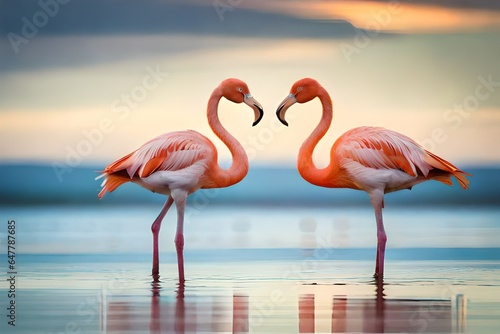 image capturing the intimate moment of a pair of flamingos performing their courtship dance in the shallow waters of a tropical lagoon 