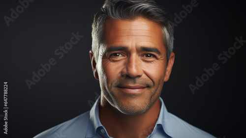 Middle aged 50s hispanic man in shirt isolated over black background  headshot