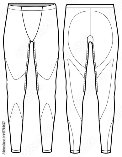 Sports running tights leggings Pants design flat sketch vector illustration drawing. Compression pants with front and back view for fitness, and active wear pants design.