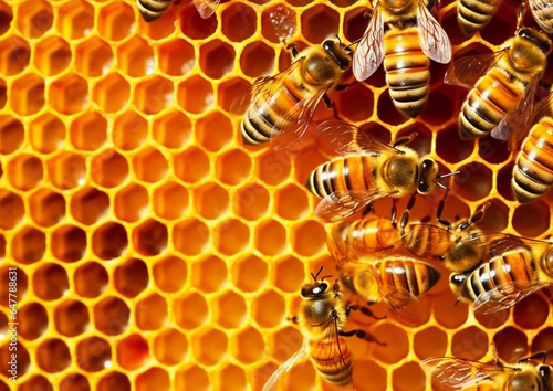 Yellow honeycomb with bees making healthy honey on sunny summer day.Macro.AI Generative