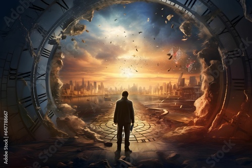 an image that depicts a time traveler facing a moral dilemma. Show the contrast between two time periods and the consequences of their decisions on the past and future. photo