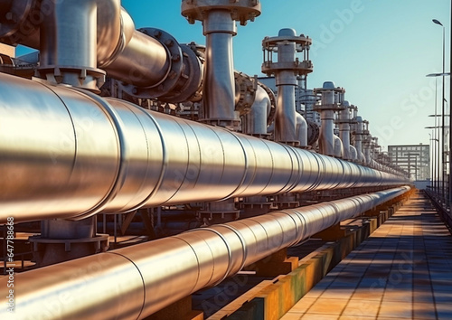 Oil and gas pipelines on large factory in sunny summer day.Macro.AI Generative