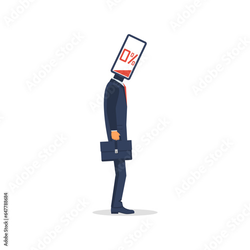 Tired man. Discharged battery instead of the head as a symbol of mental fatigue. Exhausted person, low energy state. Concept of emotional burnout or mental disorder. Vector illustration flat design.