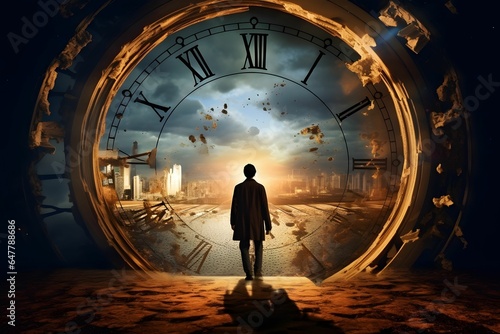 an image that depicts a time traveler facing a moral dilemma. Show the contrast between two time periods and the consequences of their decisions on the past and future. photo