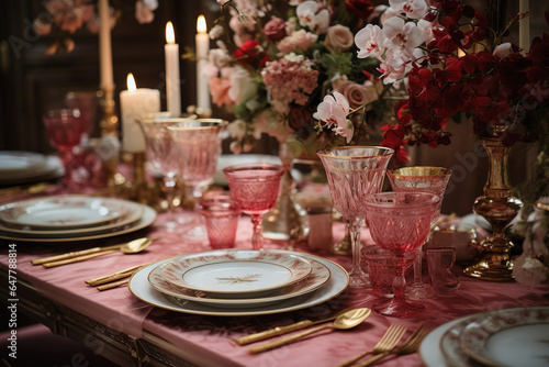 Luxury table decor. Holiday or wedding festive red and pink floral design with orchids