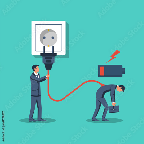 Help partner. A colleague helps a tired businessman. No energy and no charge. Overworked human. Vector illustration flat design. Isolated on background. Fatigue from the job.