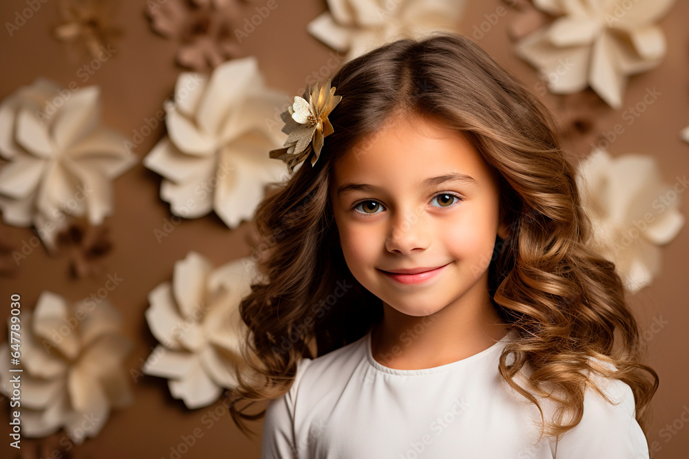 girl about 8 years old smiling. professional studio. paper background