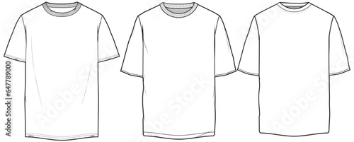 Men's Short sleeve Crew neck T Shirt flat sketch fashion illustration drawing template mock up with front and back view, Oversized baggy round neck t-shirt vector template