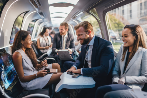 Transport Tomorrow: Individuals Engage in Futuristic Underground System, Deliberating Over AI-Driven, Sustainable, and Inclusive Travel Evolution.