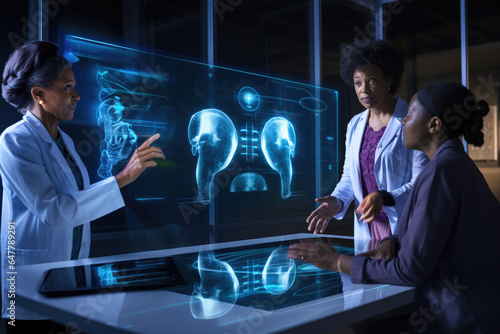 Futuristic Health Insights: Individuals Engaging with Blue Data Tech, Unveiling AI's Potential in Medicine and Analytical Depth.