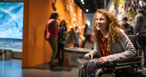 Boundless Spirit: Young Girl in a Wheelchair Embracing Technology with Joy, Exemplifying Inclusion and the Triumph Over Limitations.