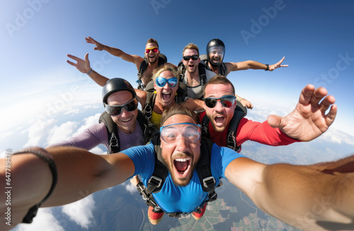 Adrenaline Joy: Thrill-seekers Skydiving with Beaming Faces, Embracing the Ultimate High of Freefall. photo