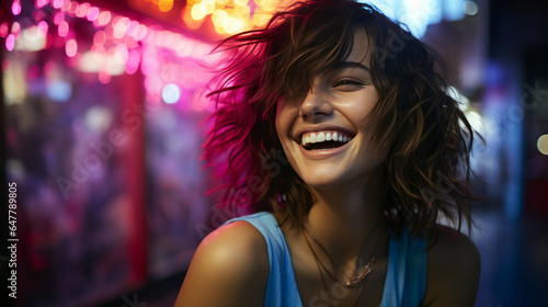 young woman in a blue dress, laughing joyfully against a neon pink studio backdrop