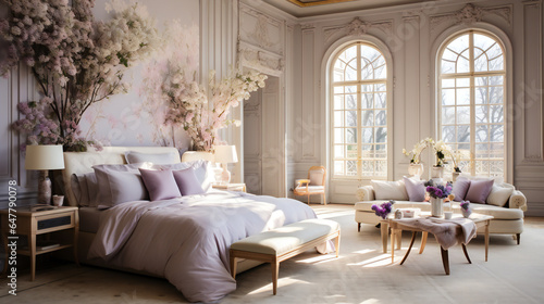 luxurious bedroom with a king sized bed  lavender bed covers and big oval windows