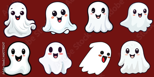 Cute ghosts for halloween, funny kawaii ghosts pack-set of happy little phantoms with cute smile