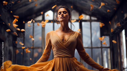 woman in a ballet outfit, dancing gracefully against a backdrop of golden fall leaves