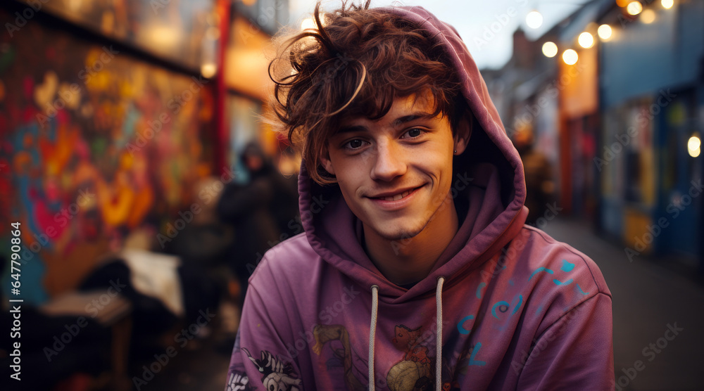 Fototapeta premium teenager boy in a rose hood against a graffiti wall