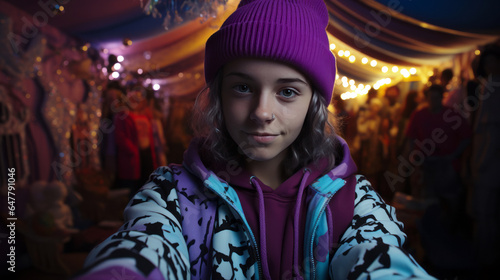 teenager in a lavender cap, taking a selfie