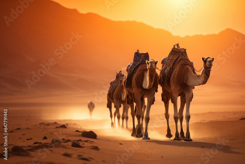 Camel caravan in the desert at sunset