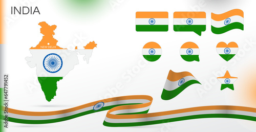 India flags set. Various designs. Map and capital city. World flags. Vector set. Circle icon. Template for independence day. Collection of national symbols. Ribbon with colors of the flag. New Delhi