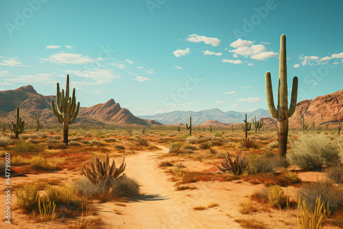 Cactus desert landscape with blue sky. Copy space for text
