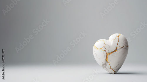 Mended Love: Heart-Shaped Marble with Elegant Gilded Fractures, Representing Kintsugi Artistry