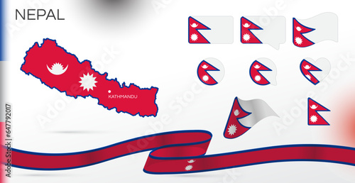 Nepal flags set. Various designs. Map and capital city. World flags. Vector set. Circle icon. Template for independence day. Collection of national symbols. Ribbon with colors of the flag. Kathmandu