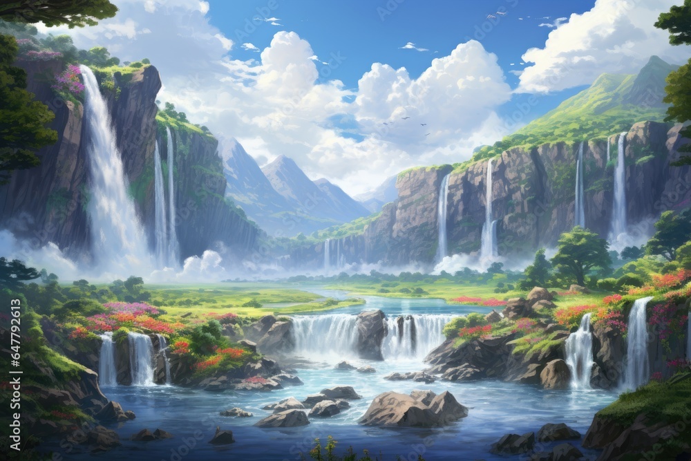 Fototapeta premium Fantasy Realm's Enchanted Forest Waterfall