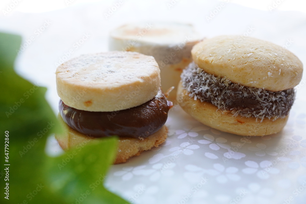 Alfajores (Dulce de leche sandwich cookies) on white background Alfajores (Dulce de leche sandwich cookies) on white background