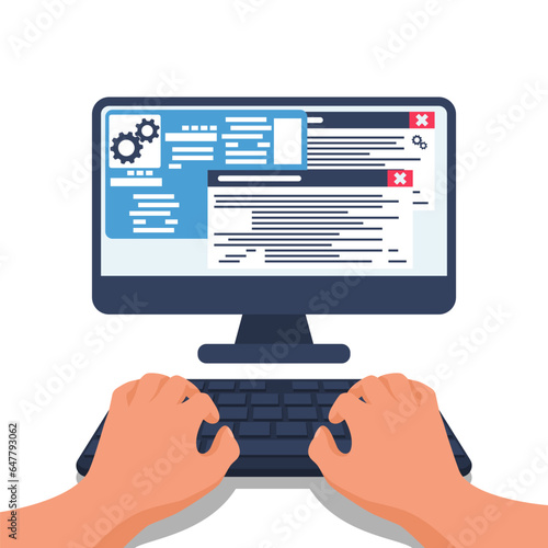 Programmer with laptop working on program. Software concept. Vector illustration flat design. Coding, web technology. Development applications.