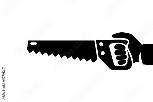 Saw in hand. Man holding saw. Black silhouette icon. Carpentry work. Lumberjack, cabinetmaker, woodworker. Vector illustration flat design. Isolated on white background.