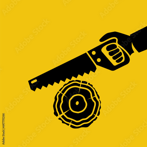 Saw in hand. The worker saws a log. Black silhouette icon. Carpentry work. Lumberjack, cabinetmaker, woodworker. Vector illustration flat design. Isolated on white background.