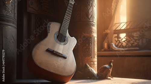 une guitare acoustique dans un temple oriental, généré par IA photo