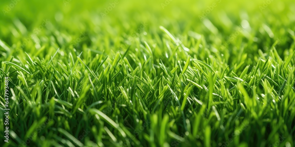 Fototapeta premium Natural spring grass background with blurred bokeh and sun. Generative AI