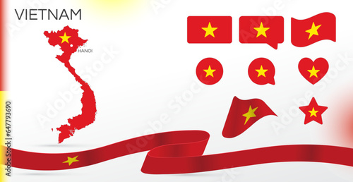 Vietnam flags set. Various designs. Map and capital city. World flags. Vector set. Circle icon. Template for independence day. Collection of national symbols. Ribbon with colors of the flag.