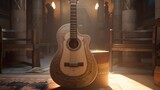 une guitare acoustique dans un temple en bois, généré par IA