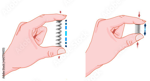 Metal spring stretched and clamped between fingers. Elasticity mechanics, hand resting, tension, coil velocity. Experiment lesson, homework test. Physics illustration vector